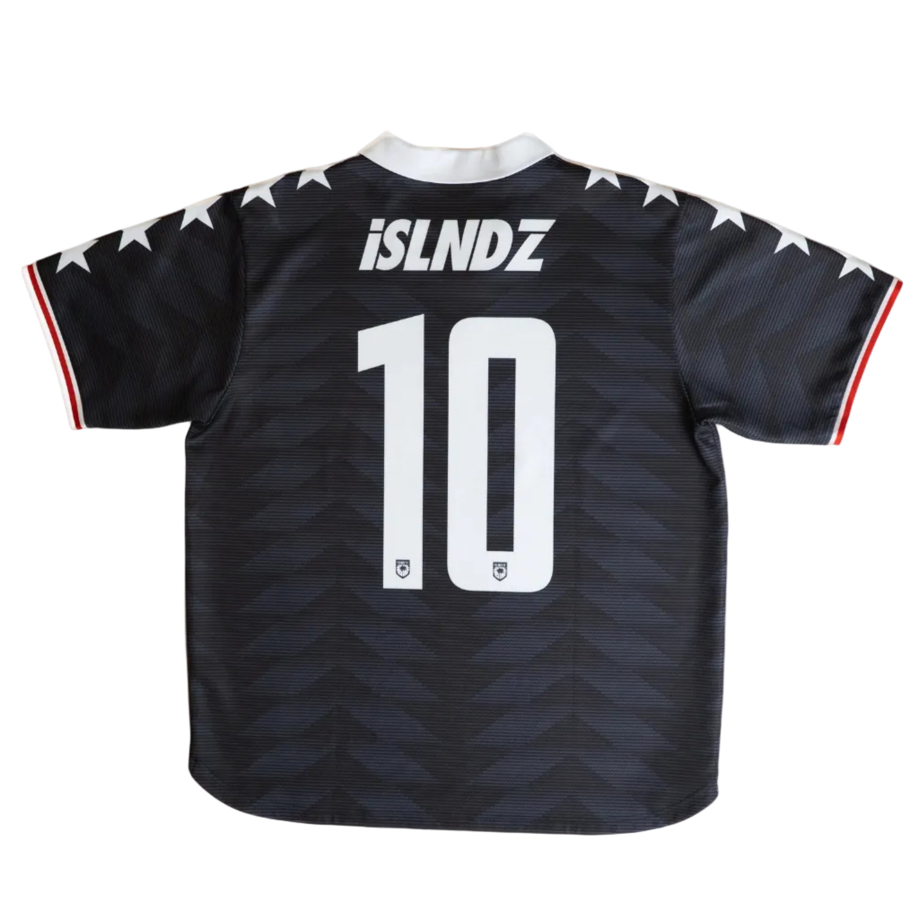 A black short-sleeve soccer jersey shown from the back, featuring the name 'iSLNDZ' and the number '10' in white. The jersey has a subtle dark chevron pattern, white star details along the shoulders and sleeve cuffs, and thin red and white stripes on the sleeve edges.